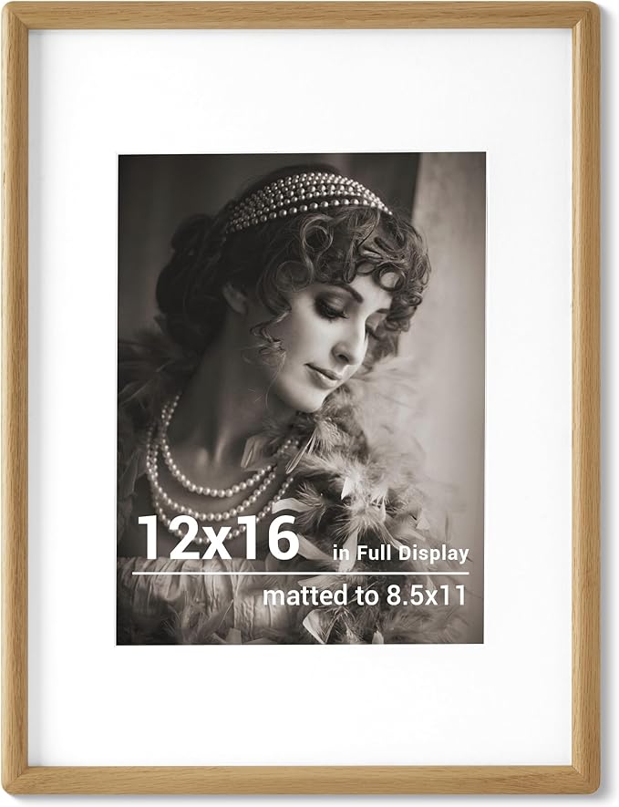 12x16 Picture Frame - Solid Oak Wood Picture Frames with HD Tempered Glass, Handcrafted Rounded Corner 12 x 16 Wooden Frame Matted to 8.5x11 Photos, Horizontal or Vertical Wall Display, 1 Pack