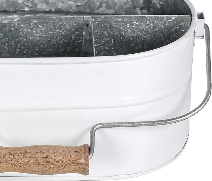 Alpha Living Home Rustic Galvanized Heavy Duty Metal Utensil Caddy – 4-Compartment Organizer with Removable Handle, White Farmhouse Chic Design for Kitchen, Picnics & Parties (White)