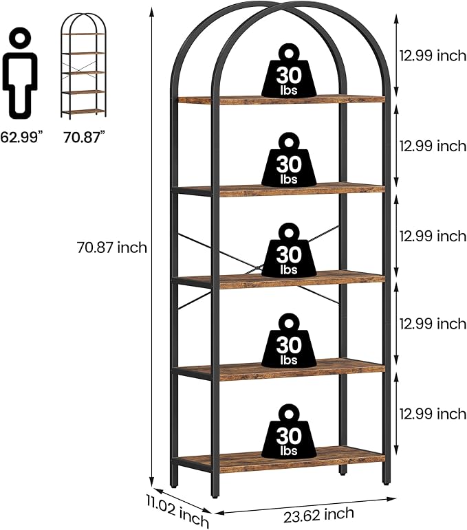 IDEALHOUSE Bookshelf 5 Tier Bookcase Arched Display Racks Tall Standing Bookshelves Metal Frame Modern Storage Rack Shelf Large Wood Book Shelf for Bedroom, Living Room, Home Office