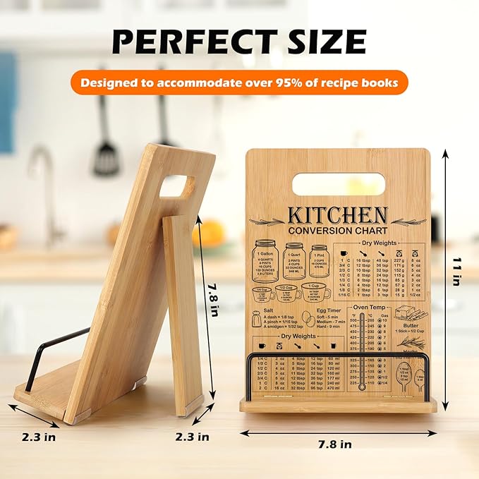 Bamboo Cookbook Stand for Kitchen Counter, Recipe Book Holder with Measurement Conversion Chart, Adjustable Cookbook Holder, Essential Accessories for Holding Cookbooks