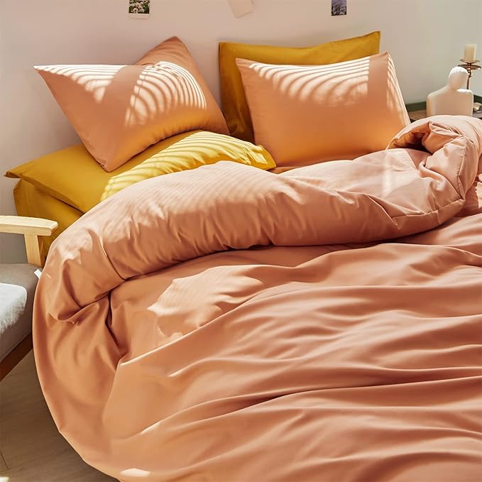 Wellboo Peach Comforter Sets California King Pink Orange Bedding Comforter Sets Solid Grapefruit Color Bedding Cal King Cotton Women Girls Light Orange Quilts Modern Plain Coral Pink Bedding Luxury