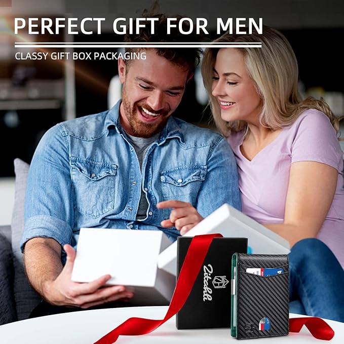 Zitahli Slim Wallet for Men Gifts 12 Card Slots ID Window With Money Clip Minimalist RFID Front Pocket Bifold Leather Small Thin Gift Box Dad Birthday Christmas Regalos Hombres