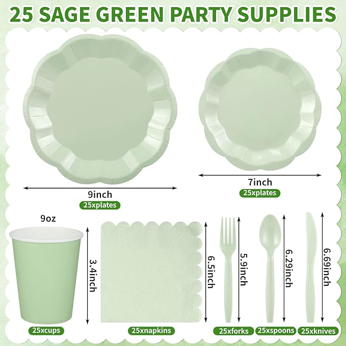 175 Pcs Sage Green Party Plates Cups and Napkins Set, 25 Guest Sage Green Party Supplies Include Scalloped Plate Napkin Cup Forks Knives Disposable Plastic Cutlery for Wedding Baby Shower Birthday