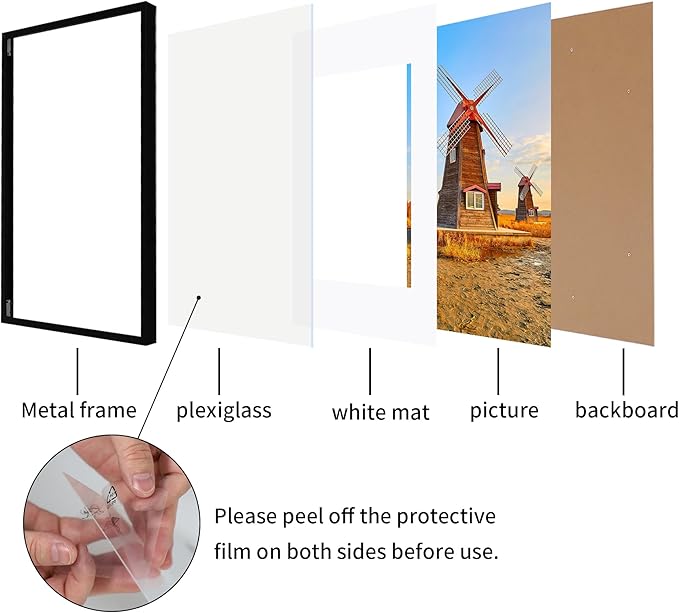 11x14 Metal Picture Frame Set of 2, 11 x 14 Aluminum Photo Frames with 8x10 Mat - Sawtooth Hangers, Spring Clips for Wall Mounting Horizontal and Vertical(Black)