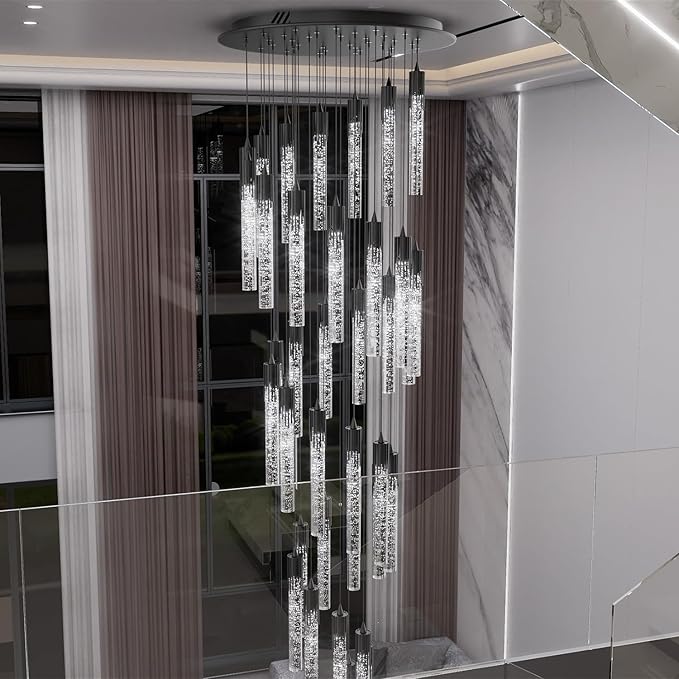 Flashing God Long Chandeliers for High Ceiling Black Bubble Crystal Chandelier Large Foyer Entrance Chandeliers for High Ceiling Big Crystal Chandelier LED Dimmable 2700K-6000K