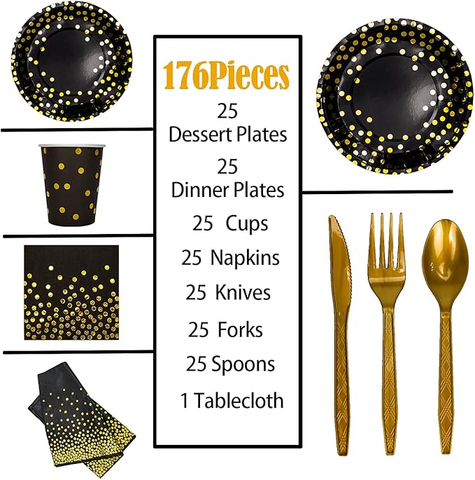 176 Pieces Gold Disposable Party Dinnerware Set &Golden Dot Disposable Party Dinnerware - Black Paper Plates Napkins Cups, Gold Plastic Forks Knives Spoons