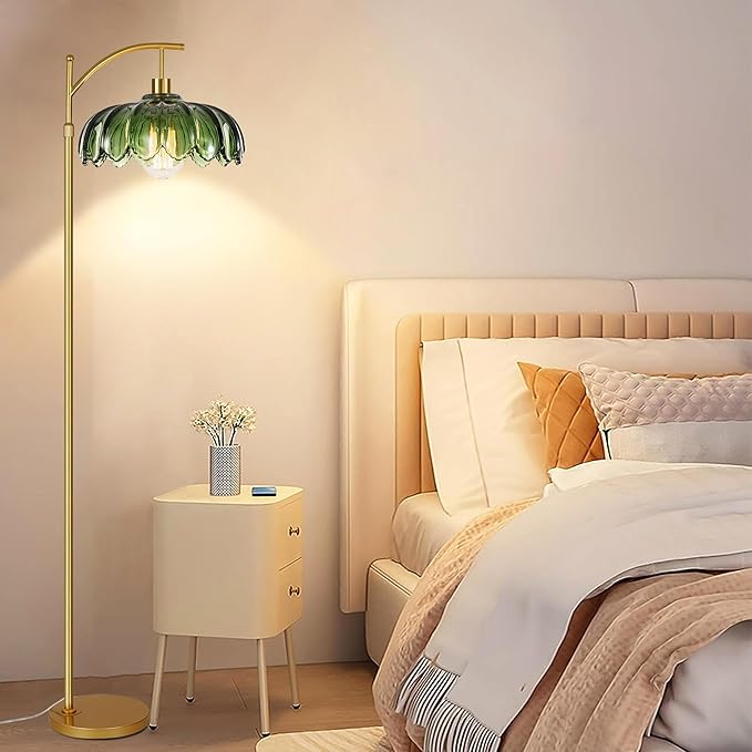Gold Floor Lamps for Living Room Glass Vintage Floor Lamp with Remote Control,Dimmable Mid Century Modern Standing Lamp with 3 Color Temperature Tall Flower Lamp Brass Floor lamp for Bedroom Corner