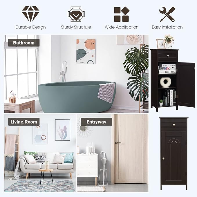 GLACER Floor Storage Cabinet, Multifunctional Freestanding Bathroom Storage Cabinet with 2 Adjustable Shelves, Ideal for Bathroom, Living Room, 14 x 12 x 34.5 inches (Brown)