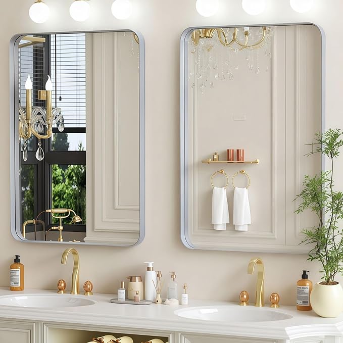 24×32 Silver Bathroom Mirror for Over Sink - Rectangular Bathroom Mirrors with Tempered Glass & Aluminum Frame, for Restroom Vanity, Entryway, Bedroom, Horizontal/Vertical, Rounded Corners