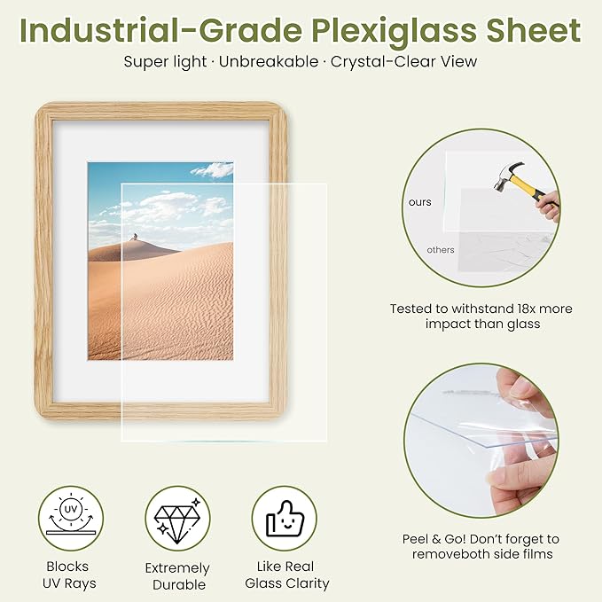 8.5x11 Round Corner Picture Frame, Solid Oak Wood Frame Matted For 6x8 With Plexiglass, Hanging Hardware Included For Tabletop Or Wall Display Frame, Natural Oak, 3 Pack