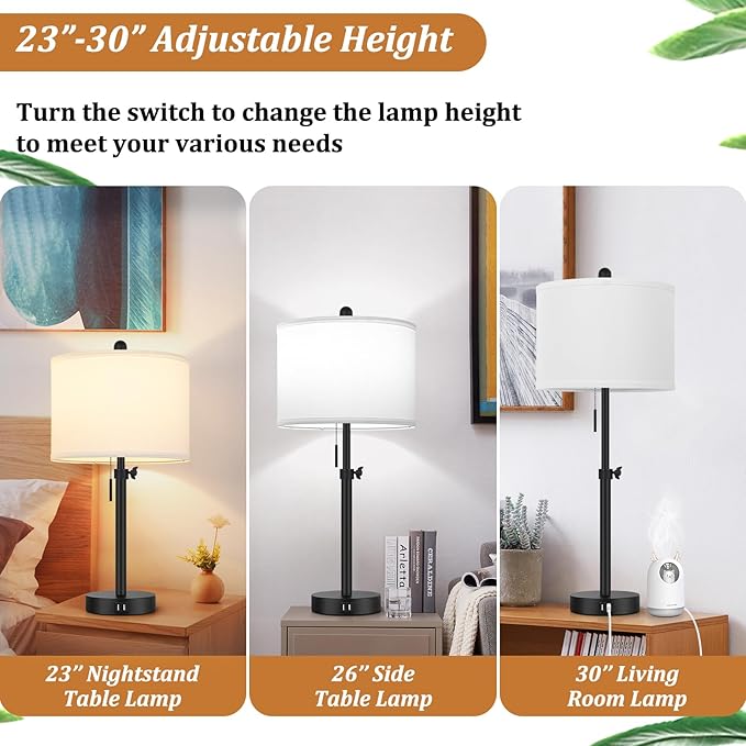 Table Lamp for Bedroom Set of 2, 23" to 30" Height Adjustable Bedside Lamp with 2 USB Ports, Black Nightstand Lamp with White Shade, Modern Pull Chain Table Lamp for Living Room End Table