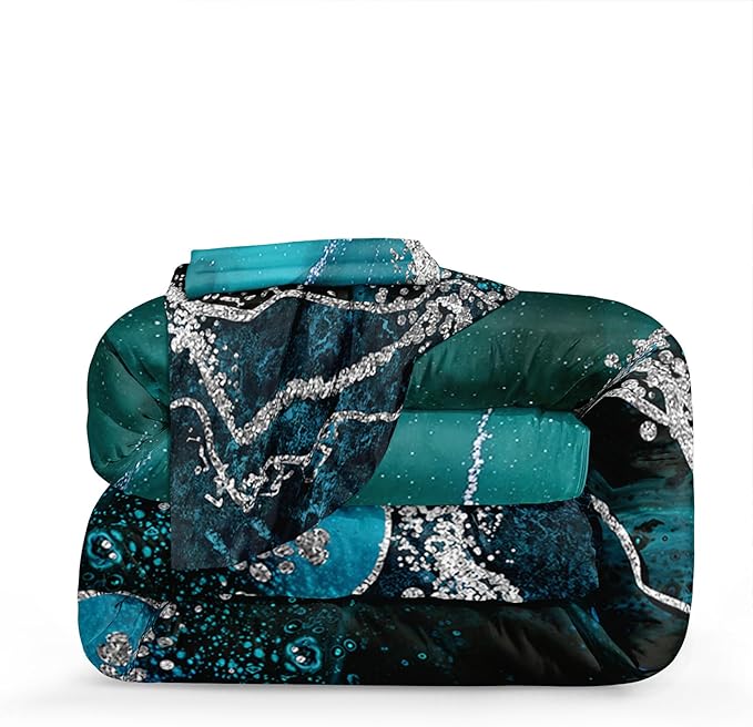 Black Marble Comforter Queen Turquoise Blue Bedding Set 3 Pcs Marble Stone Natural Theme Artwork Abstract Comforter Sets Super Soft Cozy Black Bed in A Bag with Comforter and Sheet Set