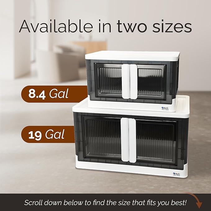Reli. Collapsible Storage Bins with Lids (2 Pack) | 8.4 Gal Plastic Stackable Storage Bins with Lids | Heavy Duty Closet Organizer | Built-In Wheels & Door | White/Grey