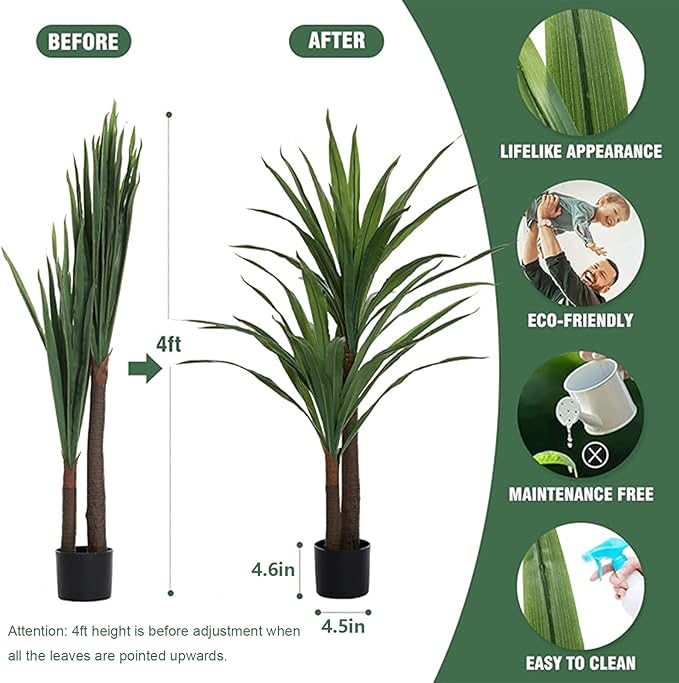 Dracaena Indoor Plant 4ft Tall Faux Plants Indoor Large Fake Plants Potted Yucca Tree Tropical Floor Plant Artificial Silk Palm Trees for Home Office Decor Housewarming Gift
