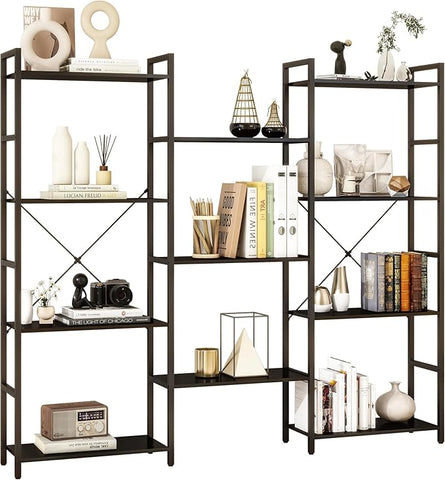 Panana Triple 4/5/6 Tier Bookshelf, Industrial Bookcase with 11/14/17 Open Display Shelves Wide Book Shelf Book Case with Metal Frame for Living Room Home Office (Black, 4 Tier)