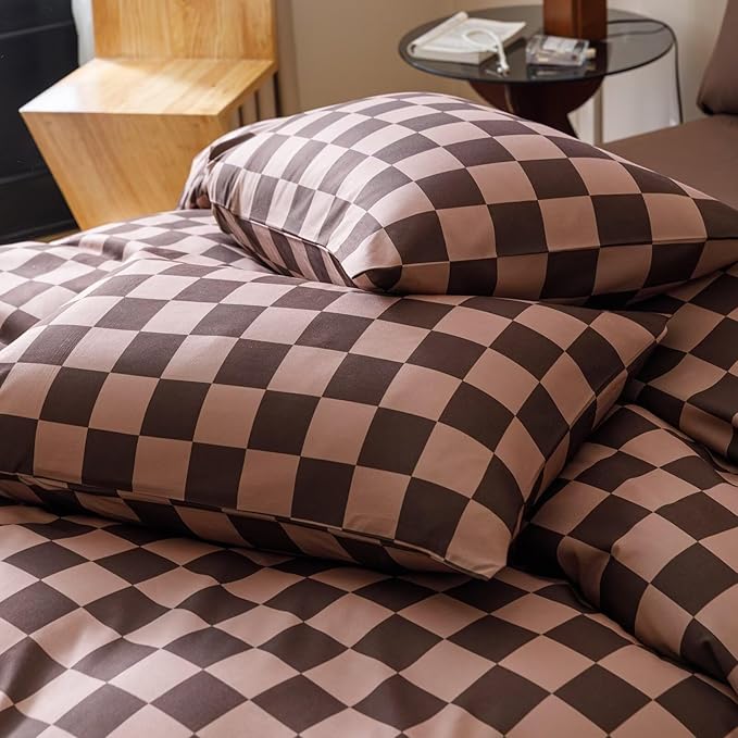 Luxlovery Brown Plaid Comforter Set Queen Coffee Grid Bedding Comforter Set Women Men Queen Size Soft Breathable Blanket Quilts Dark Brown Geometric 3pcs Bedding Set for Full Bed