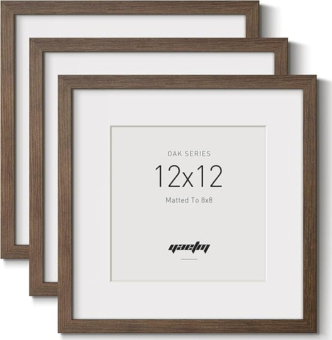 Yaetm Square 12x12 Picture Frame – Brown Walnut, Solid Wood Frame 12x12 with Tempered Real Glass, Display 8x8 Photo with Mat or 12 x 12 Art Print without Mat, Wall Mount (3 Pack, Walnut)
