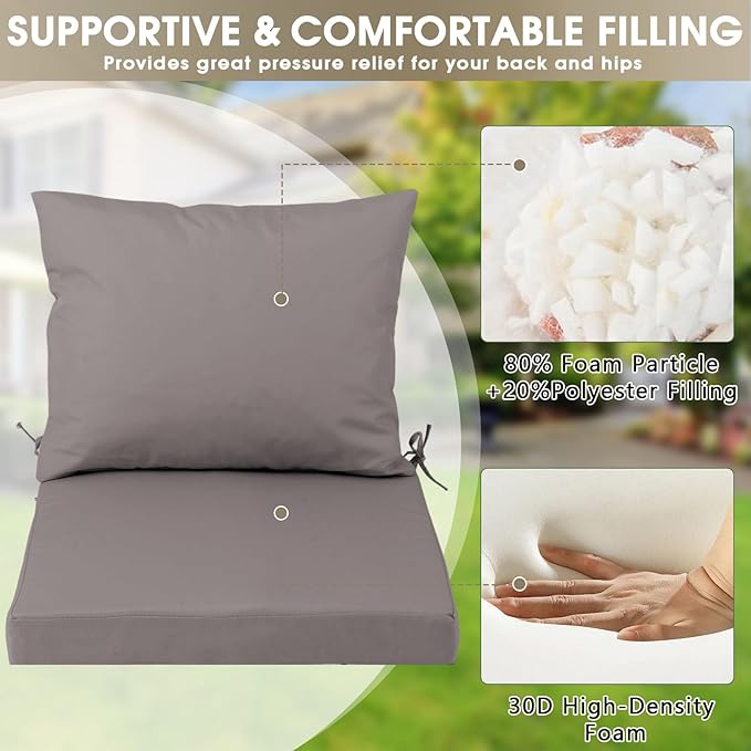 Outdoor Seat Cushion Set 24 x 24 In, Water-Resistant & Fade-Resistan, Patio Furniture Cushions with Removable Cover Deep Seat & Back Cushion with Handle and Adjustable Straps for Chair Sofa,2PC