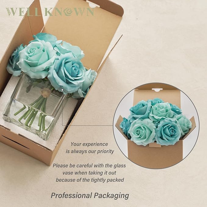 WELL KNOWN Rose Artificial Flowers in Vase with Faux Water, Silk Rose Table Centerpieces for Home Coffee Table Decor, Fake Roses Flower Arrangements for Office Hotel Lavatory Decor (Light Teal Blue)