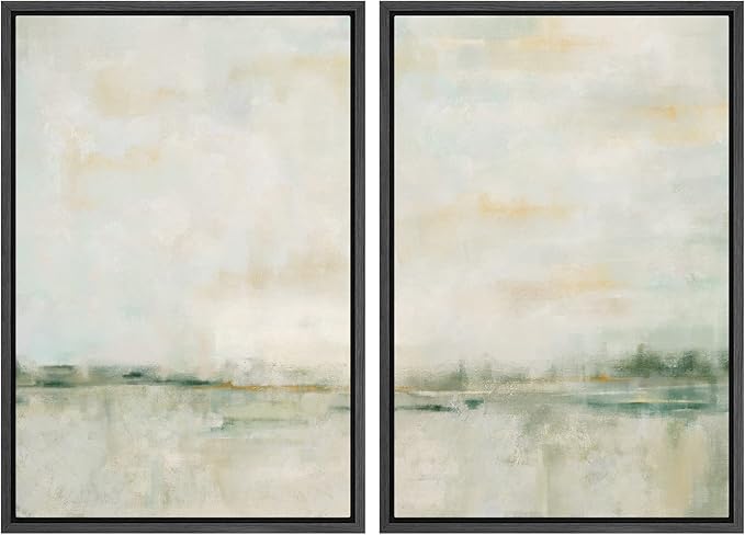 MUDECOR Framed Canvas Print Wall Art Set Watercolor Pastel Green Tan Landscape Abstract Shapes Illustrations Modern Art Decorative Contemporary for Living Room, Bedroom, Office - 16"x24"x2 Black