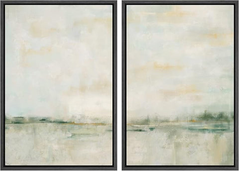 MUDECOR Framed Canvas Print Wall Art Set Watercolor Pastel Green Tan Landscape Abstract Shapes Illustrations Modern Art Decorative Contemporary for Living Room, Bedroom, Office - 16"x24"x2 Black