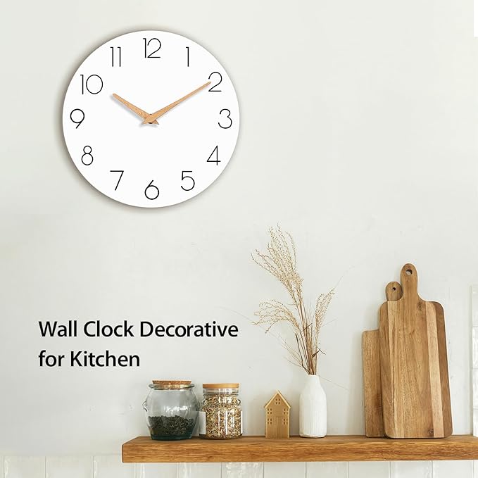Wall Clock, 16 Inch Wooden Battery Operated Wall Clocks Silent Non-Ticking, Decorative White Clock for Living Room, Bedroom, Kitchen, Home, Office, School, Hotel