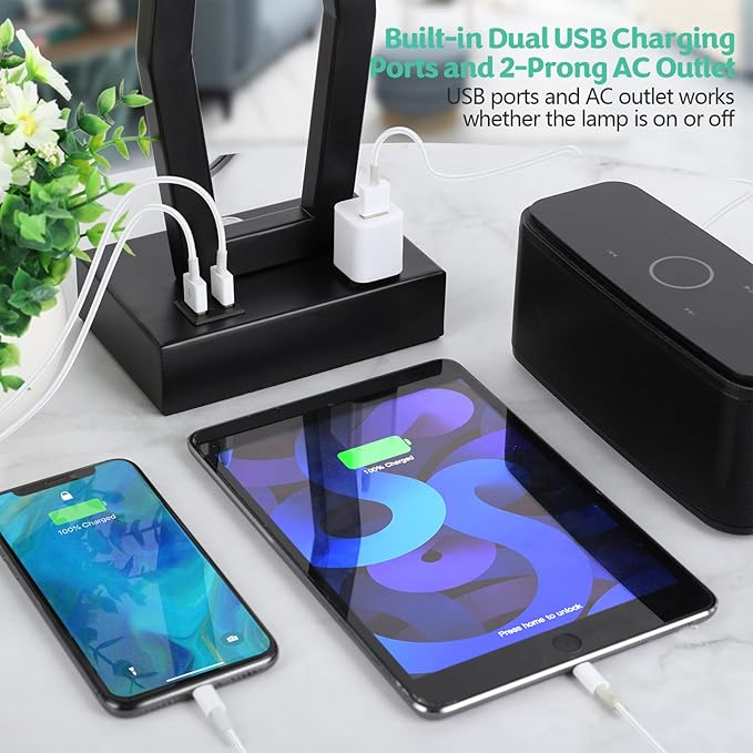 Bedside Lamps with USB Ports and AC Outlet, Touch Control Table Lamp for Bedroom 3-Way Dimmable Nightstand Lamps Set of 2 with for Living Room Dorm Office, LED Bulbs Included