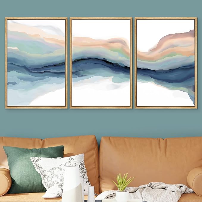 SIGNWIN Framed Canvas Print Wall Art Set Pastel Watercolor Teal Brown Paint Stroke Landscape Abstract Shapes Modern Art Decorative for Living Room, Bedroom, Office - 24"x36"x3 Natural