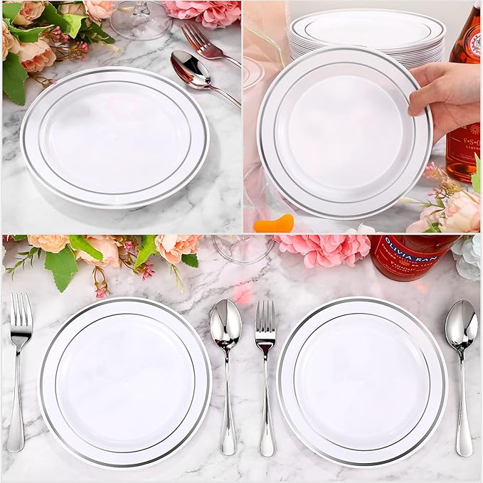 200 Pieces Disposable Plates Plastic Party Plates with Rim Hard Plastic Appetizer Salad Dessert 7.5 Inch Elegant Heavy Duty Tableware for Dinner Wedding Party Supplies(Silver Rim)
