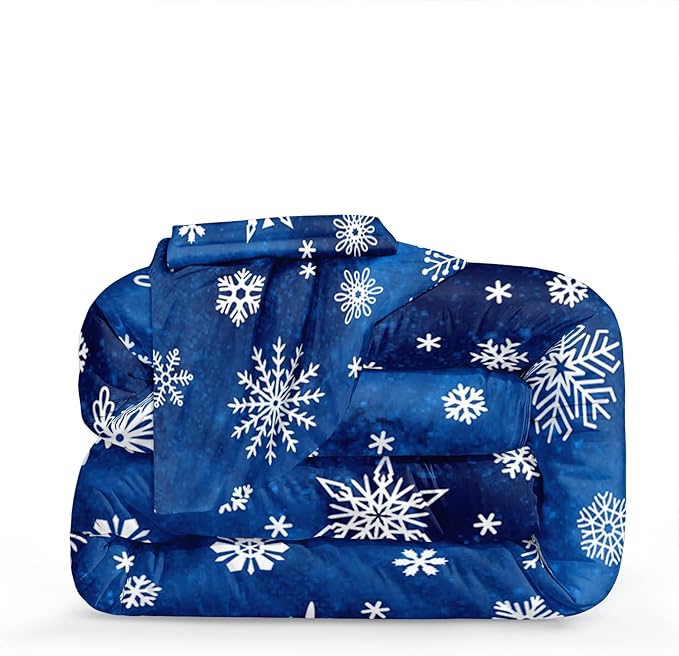 Bedorm Blue Snowflake Comforter Merry Christmas Bedding Set Xmas Holiday Theme Blue White Winter Bedding Happy New Year Quilt Comforter Set