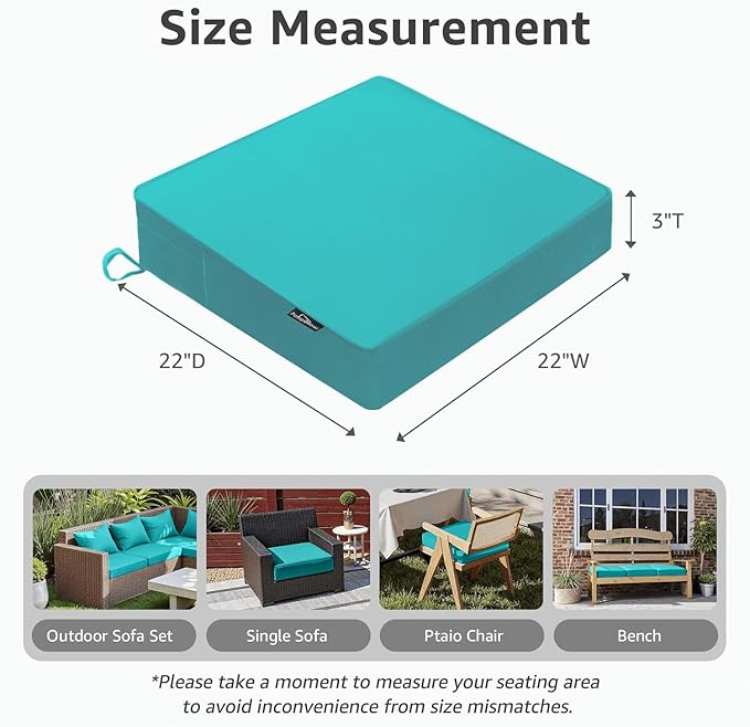 Outdoor Chair Cushions 22 x 22 x 3 Inch, Waterproof & Fade Resistant Patio Seat Cushion for Furniture with Handle and Ties, Thick Seating Pads for Outside Sofa Couch Set of 2, Teal