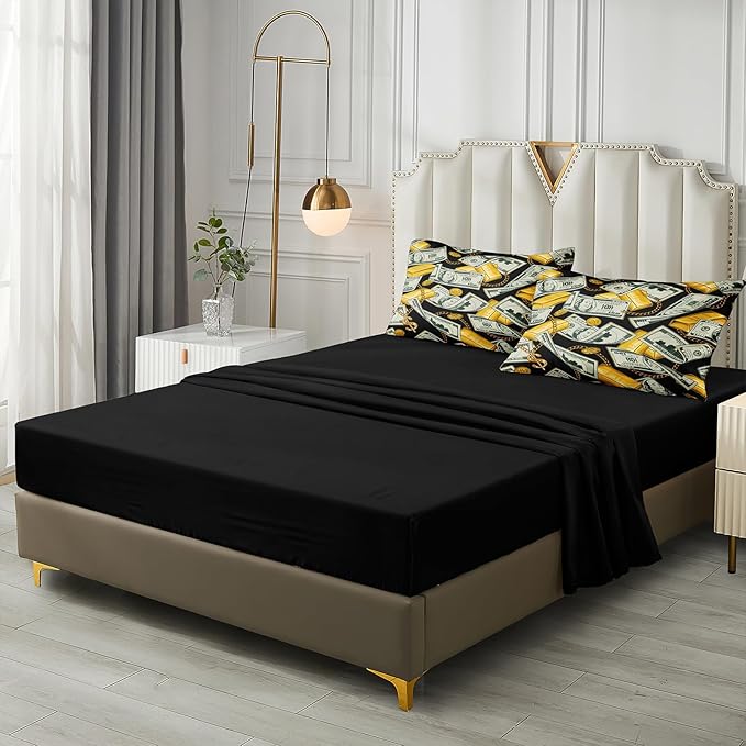 Bedorm Dollar Comforter Sets Black Gold Bedding Queen Size Bed in A Bag Money Gold Bar Pattern Rich Bedding Comforter Sets American Vintage Bed Sets