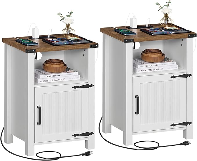 Antique White Nightstand Set of 2, 18 Inch Farmhouse Night Stand with Charger Station and USB Port, Modern Couch Side Table with Magnetic Door and Storage Shelf, Bedside Tables for Bedroom