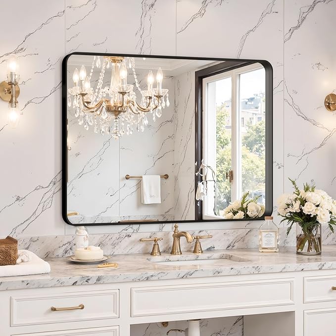 32x24 Bathroom Vanity Mirror for Wall, Aluminum Framed, Farmhouse Rectangle, Anti-Rust, HD Reflection Anti-Desilvering, Distortion Free, Tempered and Shatter-Proof Wall Mounted Mirror, Black