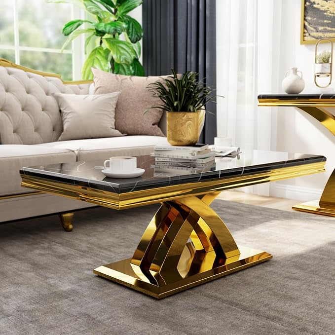 AUZ 48“ Black and Gold Coffee Table for Living Room, Guest Hall, Luxury Rectangle Center Table with Polished Metal Base