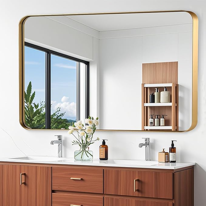 48x30 Inch Gold Bathroom Mirror, Brushed Metal Framed Rectangle Mirror with Rounded Corner, Gold Bathroom Vanity Mirror for Bedroom or Living Room, Horizontal/Vertical