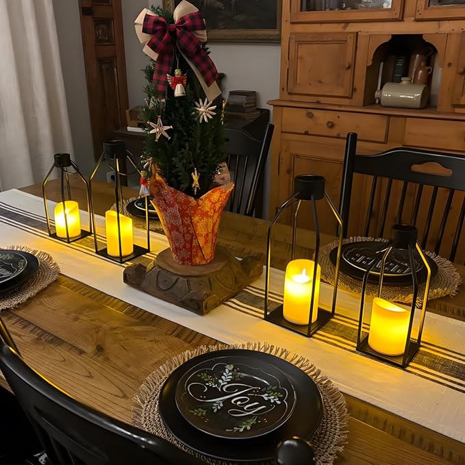 Modern Farmhouse Lantern Decor,16'' 12'' 2 Pcs Metal Candle Lanterns with Flameless Candles Black Decorative Lantern for Front Porch Covered Patio Dining Table Entryway Table Wedding Home Decor