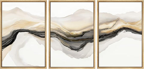 SIGNWIN Framed Canvas Print Wall Art Set Gold Gray Smoke Wave Landscape Abstract Shapes Illustrations Modern Art Decorative Contemporary Colorful for Living Room, Bedroom, Office - 16"x24"x3 Natural
