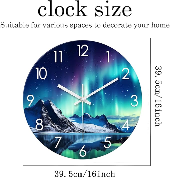 XNM Aurora Teal Clocks for Living Room Modern Wall Clock Battery Operated 16 Inches or Larger Analog Glass Wall Clock Non Ticking