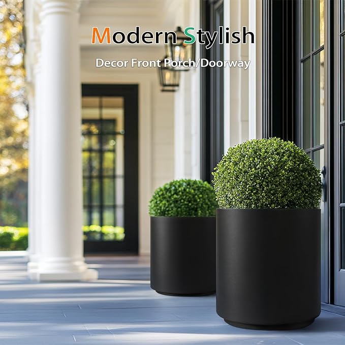 Round Planter Outdoor Indoor, Large Plant Pots for Porch, Patio, Backyard, Modern Decor for Tall Plants, Flowers (Black, 16 inch - 2 Pack)