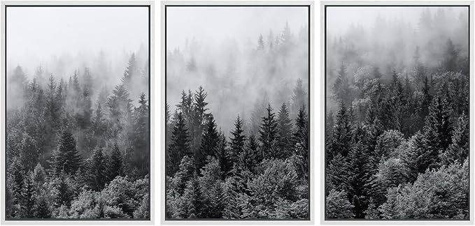 SIGNWIN Framed Canvas Print Wall Art Set Black & White Misty Mountain Forest Nature Wilderness Photography Modern Art Chic Landscape Relax/Calm for Living Room, Bedroom, Office - 24"x36"x3 White