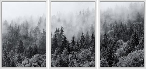SIGNWIN Framed Canvas Print Wall Art Set Black & White Misty Mountain Forest Nature Wilderness Photography Modern Art Chic Landscape Relax/Calm for Living Room, Bedroom, Office - 24"x36"x3 White