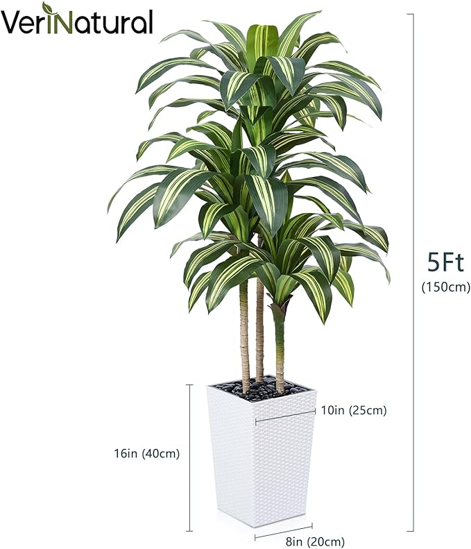 Artificial Dracaena Tree 5ft – UV Resistant Tall Fake Plant with Large Taper Planter & Pebbles– Large Potted Faux Tree for Indoor & Outdoor, Living Room, Office, Porch, Home Decor, VN127