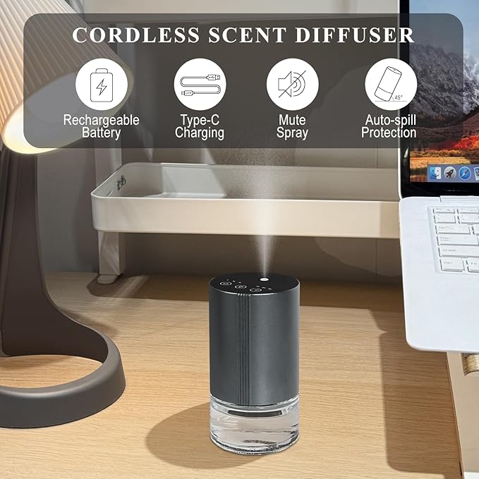 Essential Oil Diffuser, Waterless Scent Diffusers for Home, 100ml Capacity Atomizing Humidifier, Rechargeable Air Freshener Machine with 7-Color Ambient Light for Car Office (Grey)