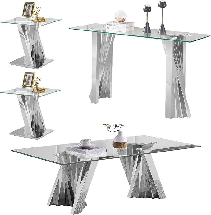 Glass 4 Piece Living Room Table Sets,4-Piece Table Set Includes 1 Glass Coffee Table and 1 Console Table and 2 End Tables with Stainless Steel Frame,Modern Coffee Table Set of 4 for Living Room
