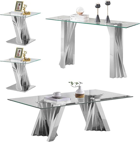 Glass 4 Piece Living Room Table Sets,4-Piece Table Set Includes 1 Glass Coffee Table and 1 Console Table and 2 End Tables with Stainless Steel Frame,Modern Coffee Table Set of 4 for Living Room