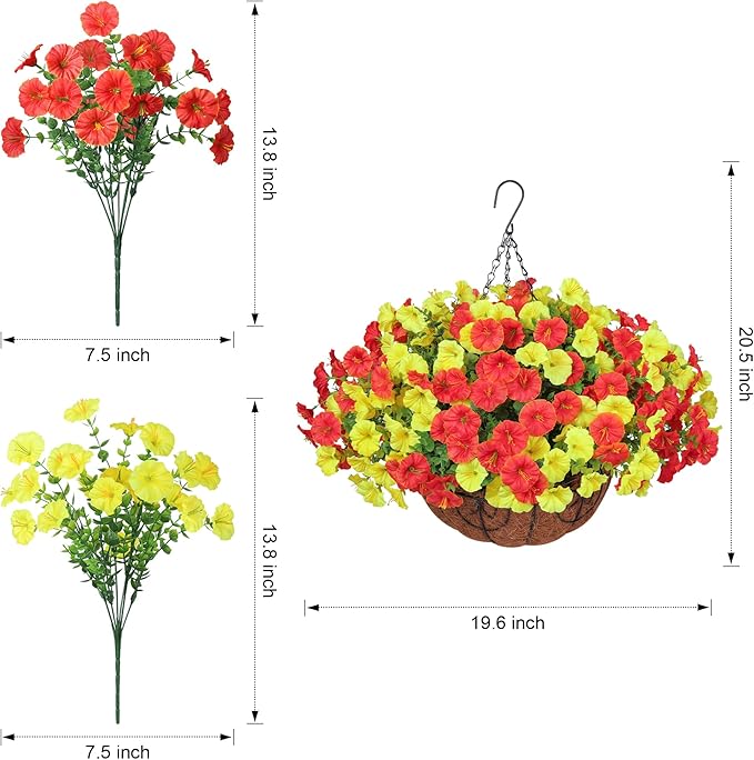 Artificial Fake Hanging Flowers with Basket for Fall Decoration, 12 Bundles Faux Silk Morning Glory Plants for Outdoor Planters, Realistic UV Resistant Artificial Flowers for Outside Porch Garden