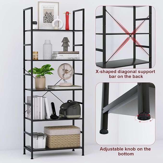 5 Tier Bookshelf Industrial Ladder Shelf Open Display Storage Rack Wood Bookcase with Metal Frame, Freestanding Storage Shelves for Home Office, Living Room, Bedroom, Kitchen (Black, 5-Tier)