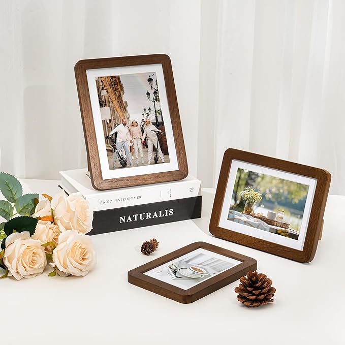 6x8 Round Corner Picture Frame, Solid Oak Wood Frame With Mat For 5x7 And Plexiglass, Includes Hanging Hardware For Wall Or Tabletop Photo Frame, Walnut, 3 Pack