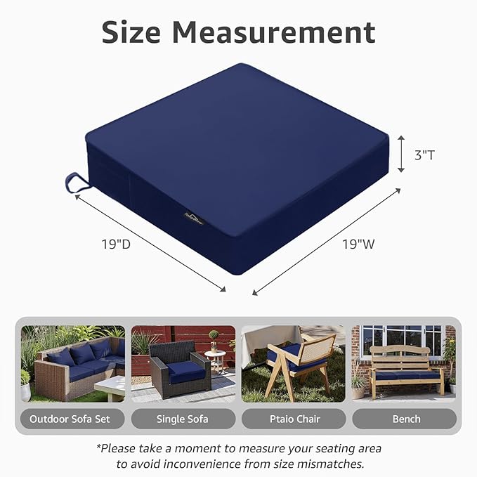 Outdoor Chair Cushions 19 x 19 x 3 Inch, Waterproof & Fade Resistant Patio Seat Cushion for Furniture with Handle and Ties, Thick Seating Pads for Outside Sofa Couch Set of 2, Dark Blue